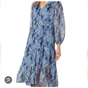 NWT Joie Midi Dress Tired Chiffon Blue Monochrome Print Long Sleeve Airy Flowy